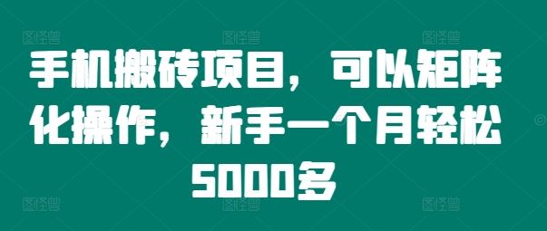 手机搬砖项目，可以矩阵化操作，新手一个月轻松5000多-轻创淘金网